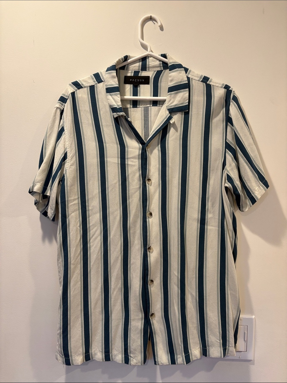 PacSun Teal and White Vertical Stripe Short Sleeve Camp Shirt